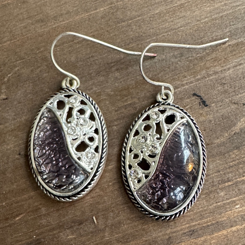 Sterling Silver Style Purple Glass Oval Drop Earrings